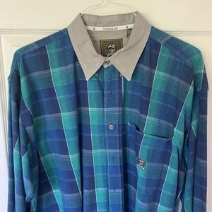 Cinch Mens XL Vintage 90s Plaid Long Sleeve Shirt‎ Tan Contrast Collar Hong Kong